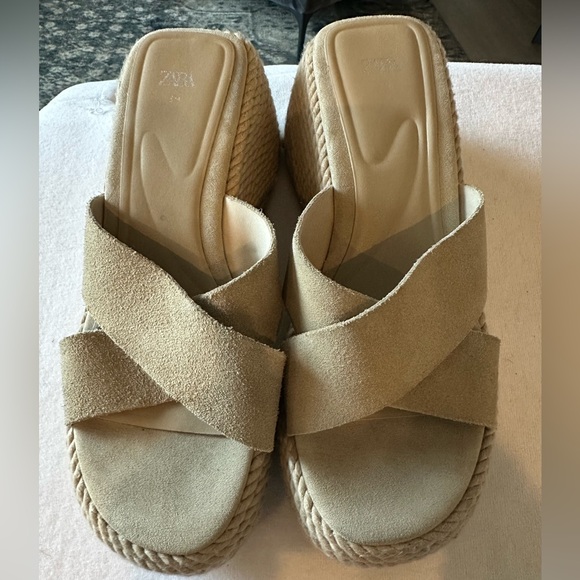 Zara Suede Leather Criss Cross Platform Chunky Espadrille Sandals - Picture 5 of 7